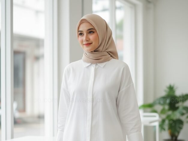 Kemeja Putih Oversized & Jilbab Segiempat 1 tn1 cr