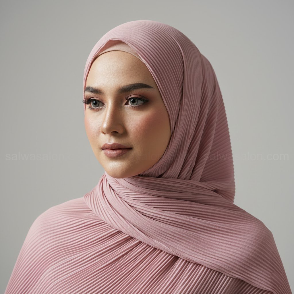 Foto detail yang menonjolkan tekstur 'hijab plisket' (pashmina). Lipitannya rapi, kecil, dan presisi. Dikenakan oleh seorang wanita untuk look semi-formal.