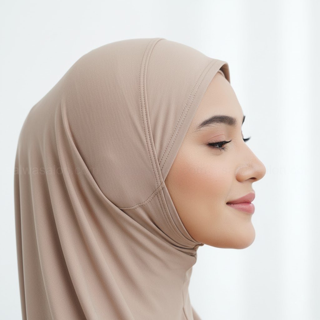 Sebuah foto close-up dari samping, seorang wanita Muslim Indonesia mengenakan 'inner/ciput ninja anti-pening'. Menyoroti desain area telinga yang nyaman dan tidak menekan.