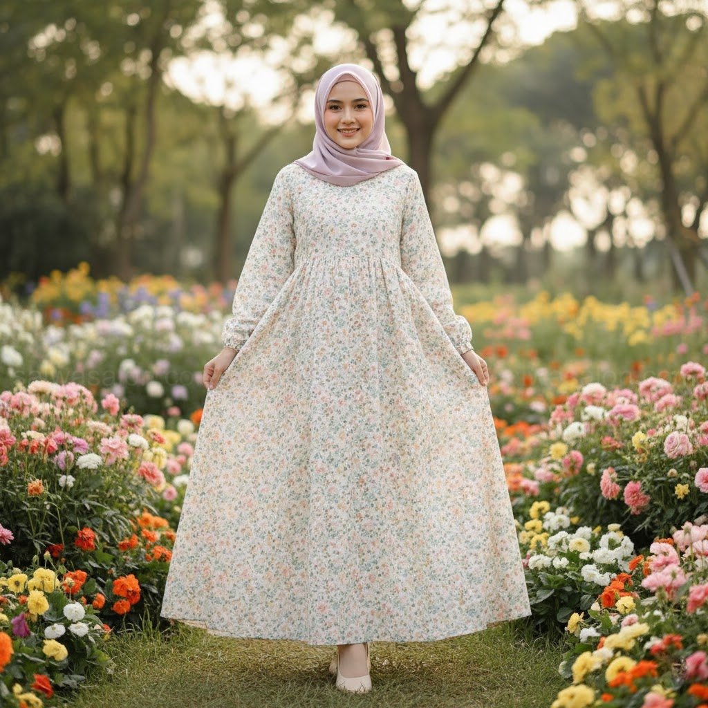 Seorang wanita Muslim Indonesia berhijab pashmina, mengenakan 'Korean dress' yang flowy dan longgar. Dress tersebut memiliki motif ditsy floral (bunga kecil-kecil) dan warna-warna pastel.