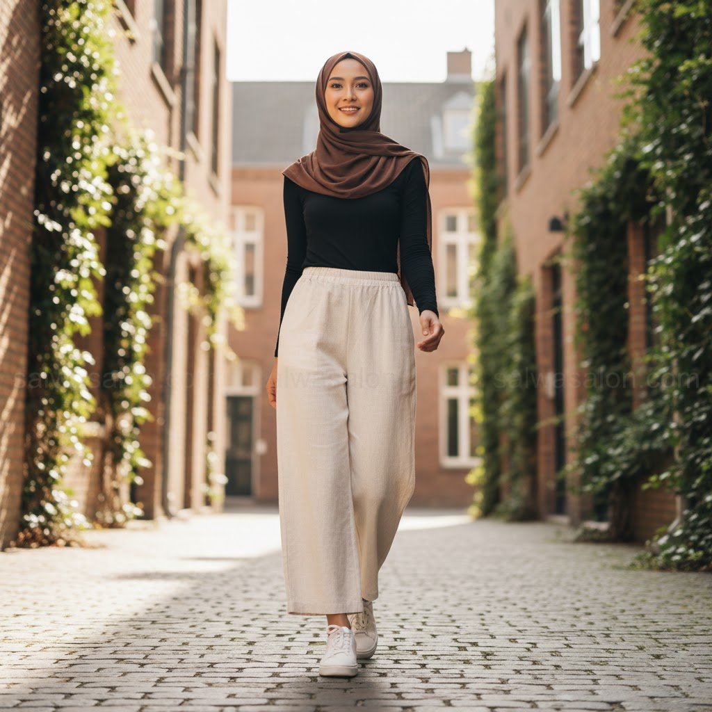 Foto full-body seorang hijabi yang aktif dan modern, mengenakan 'celana kulot' bahan linen berwarna krem yang lebar dan nyaman.