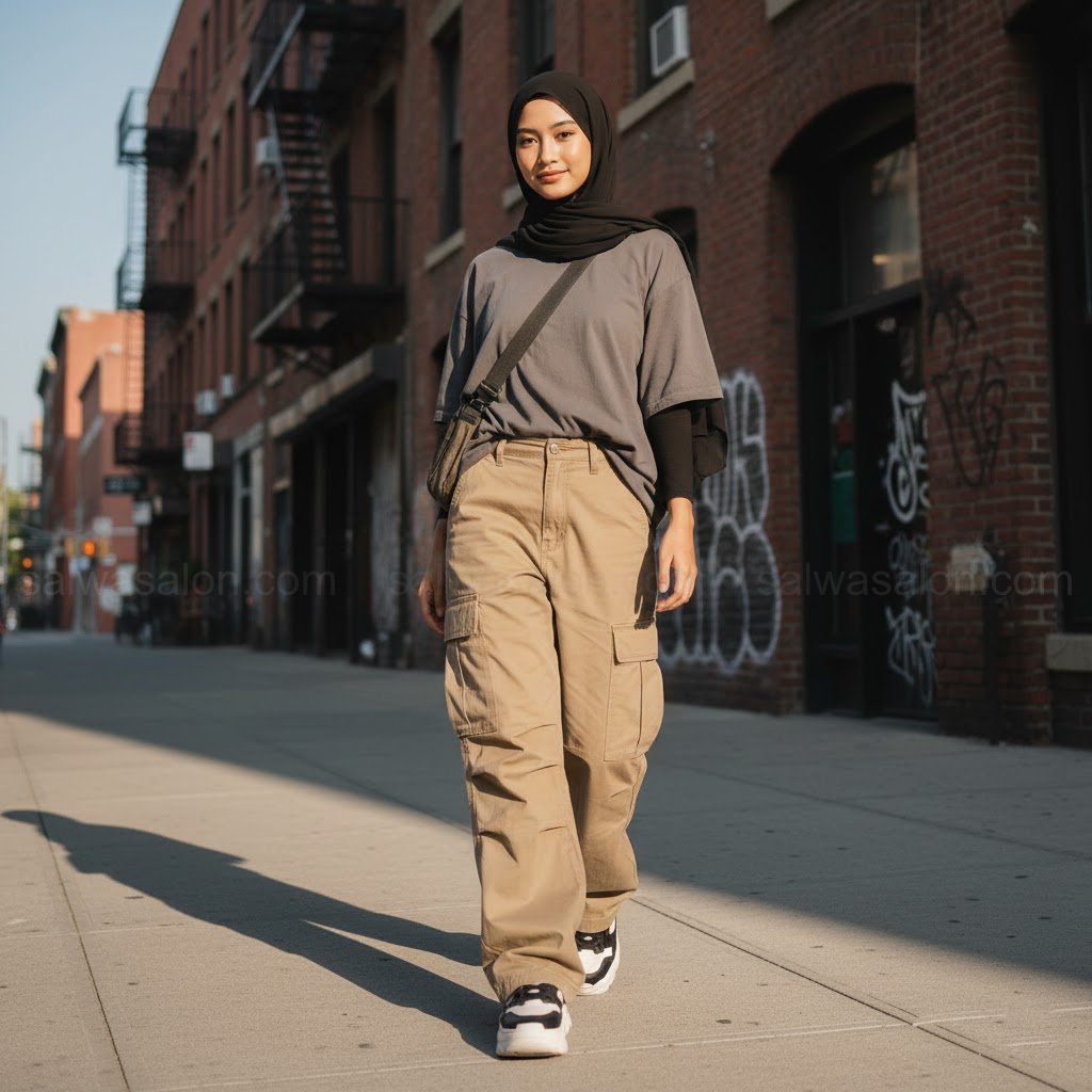 Foto street style seorang hijabi muda (Gen Z) mengenakan 'cargo pants' berwarna khaki dengan kantong-kantong besar di samping.