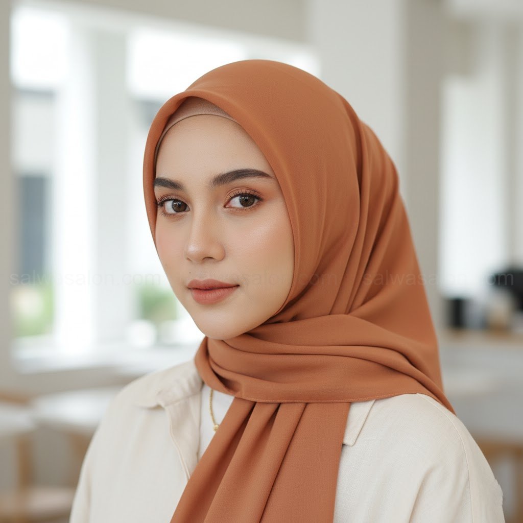 A young Indonesian Muslim woman, fair skin, 20s, wearing a simple, neatly styled square hijab (segi empat) made of premium 'voal' fabric. The hijab is a solid earth tone color, perfectly framed around her face, showing a clean, crisp line at the forehead.