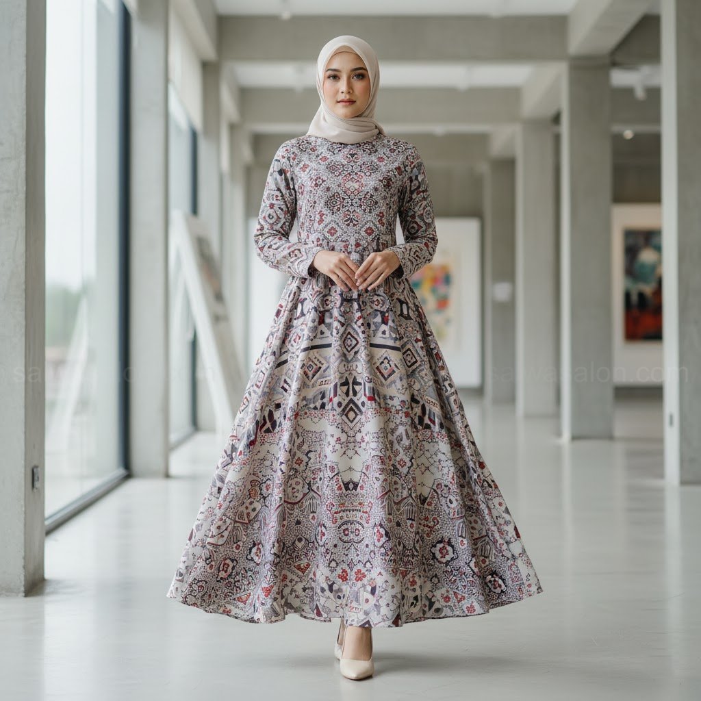 Seorang wanita Muslim Indonesia berhijab polos, mengenakan 'pattern dress' full-print yang elegan. Motifnya abstrak modern atau geometris. Dress-nya flowy dan menutupi seluruh tubuh.