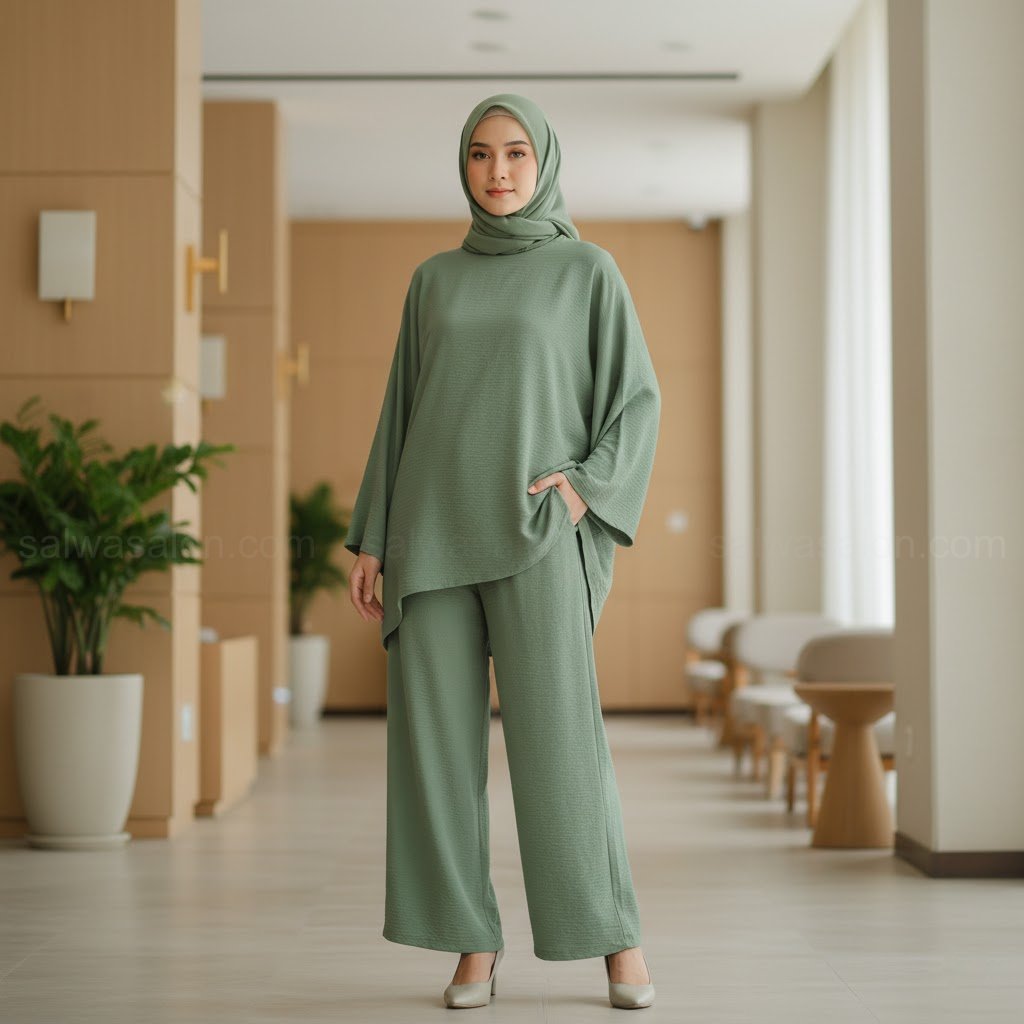 Seorang wanita Muslim Indonesia tampil polished mengenakan 'co-ord set' (setelan) bahan crinkle airflow berwarna sage green. Atasan dan bawahan (celana kulot) memiliki warna dan bahan yang sama persis.