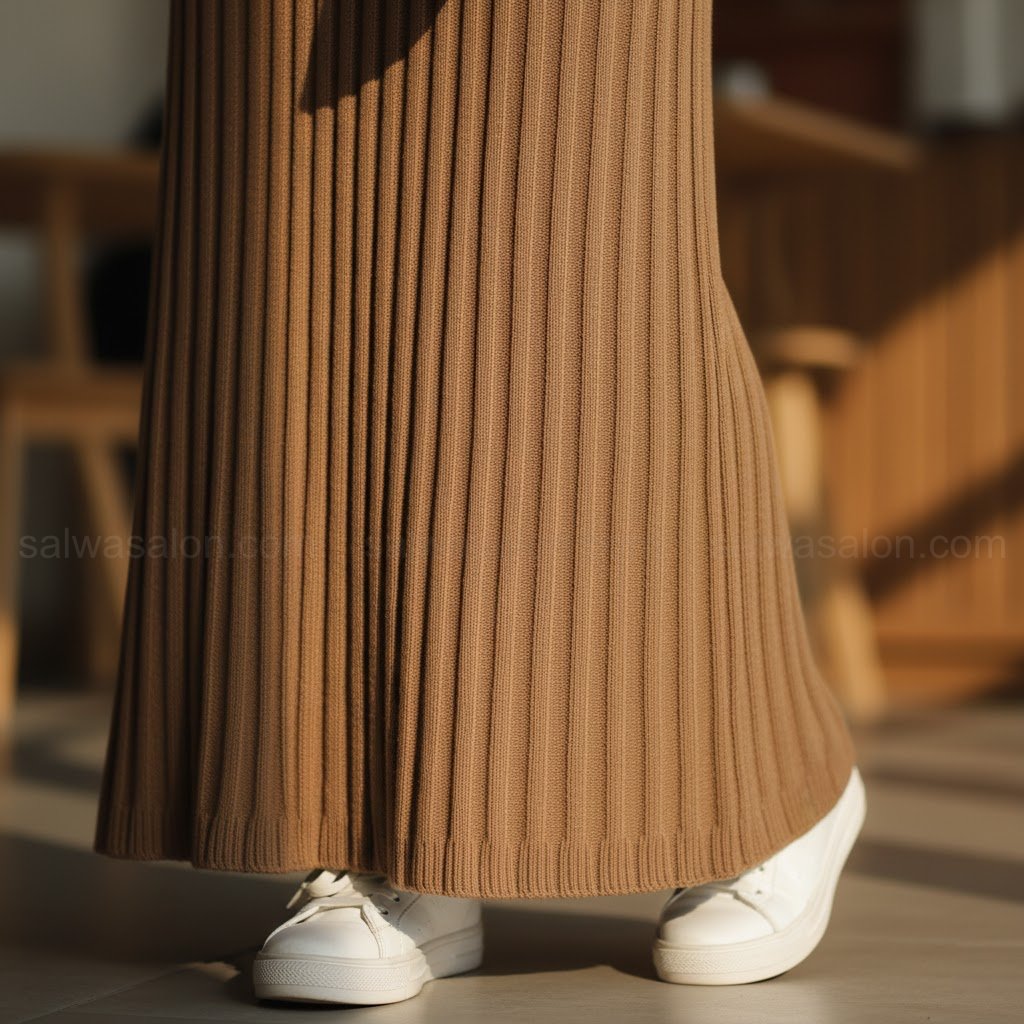 Foto detail-shot seorang hijabi mengenakan 'rok knit' plisket berwarna milo. Fokus pada tekstur rajut yang lembut dan nyaman. Dipadukan dengan sneakers putih.