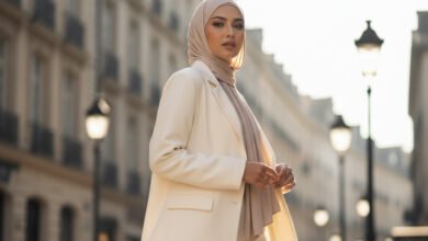 seorang wanita Muslim Indonesia modern (20-an) yang mewakili 'Effortless Elegance'. Dia mengenakan clean hijab pashmina jersey, dipadukan dengan oversized blazer krem dan celana kulot senada.