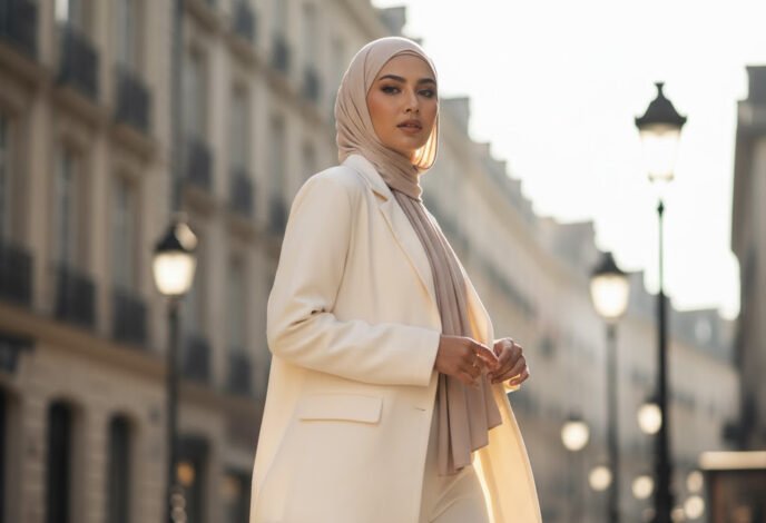 seorang wanita Muslim Indonesia modern (20-an) yang mewakili 'Effortless Elegance'. Dia mengenakan clean hijab pashmina jersey, dipadukan dengan oversized blazer krem dan celana kulot senada.