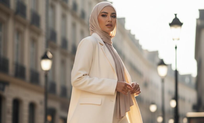 seorang wanita Muslim Indonesia modern (20-an) yang mewakili 'Effortless Elegance'. Dia mengenakan clean hijab pashmina jersey, dipadukan dengan oversized blazer krem dan celana kulot senada.