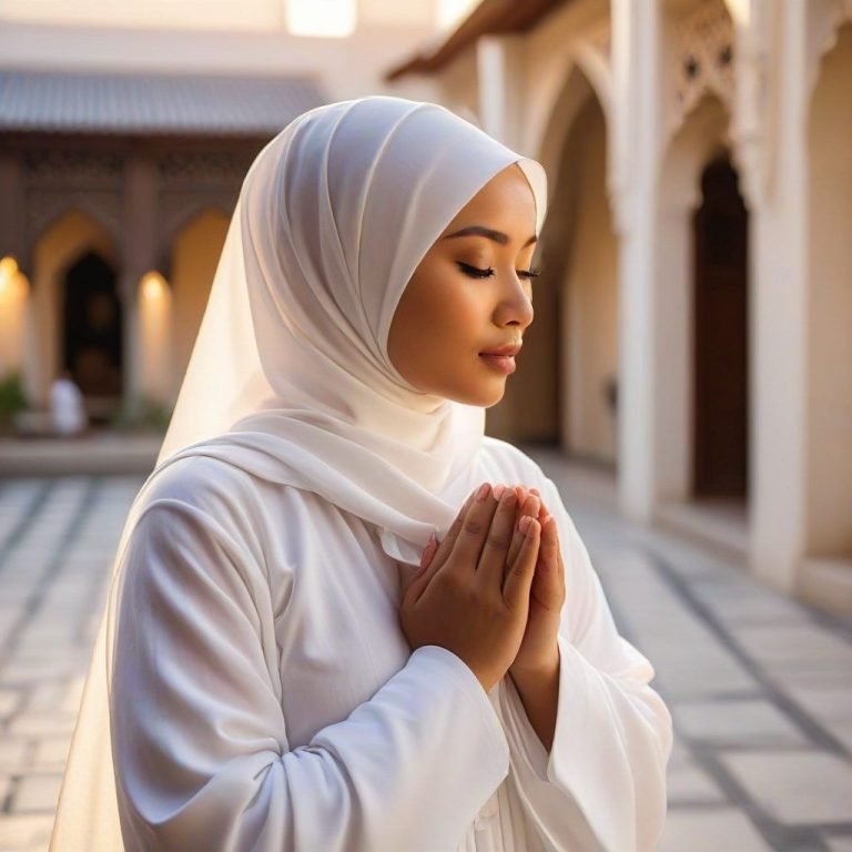 Wanita Berhijab Putih Bersih dalam Momen Ibadah yang Teduh