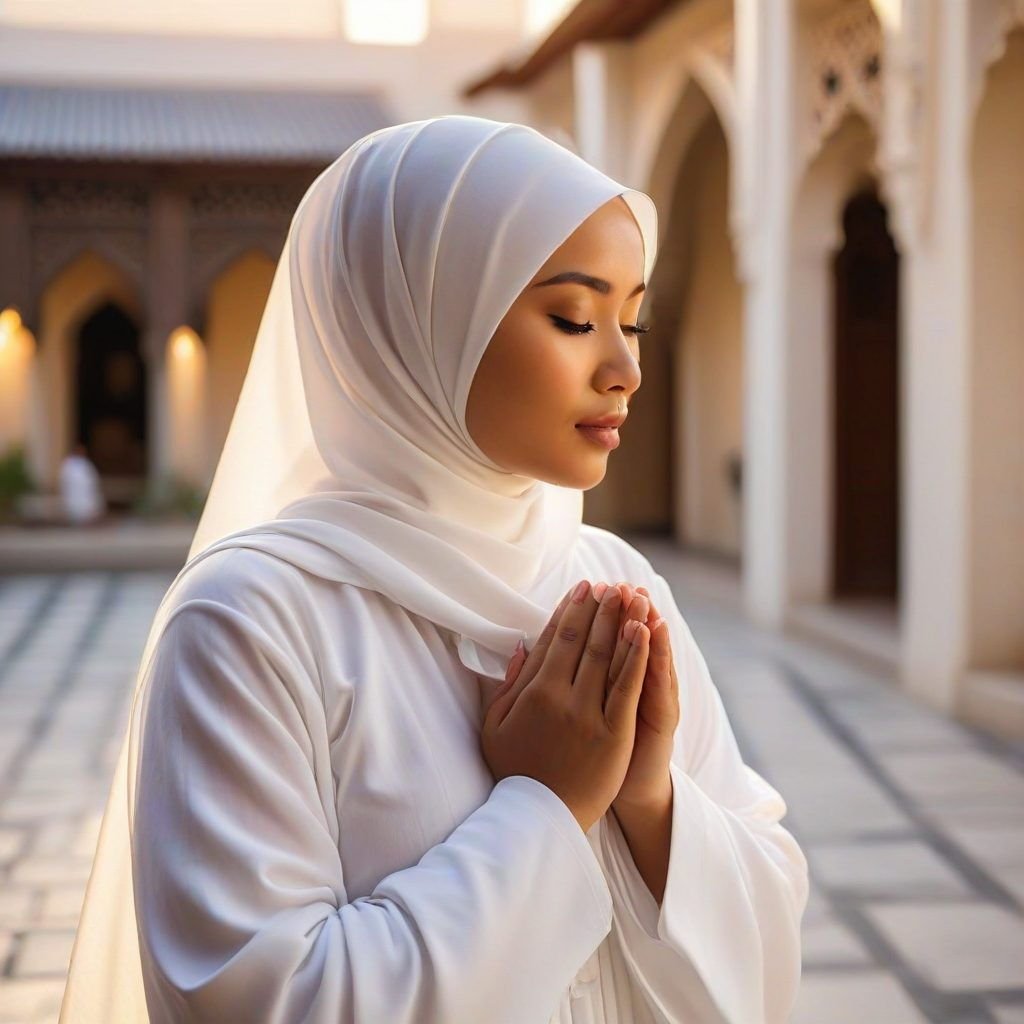 Wanita Berhijab Putih Bersih dalam Momen Ibadah yang Teduh