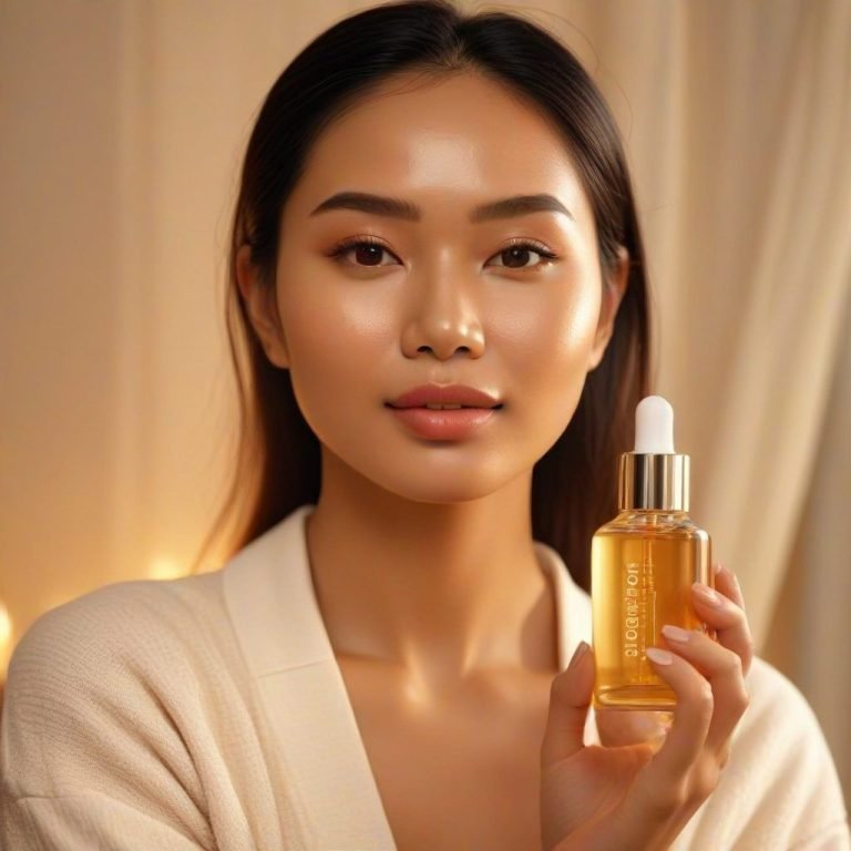 Botol Serum Minyak Almond Alami dengan Latar Hangat